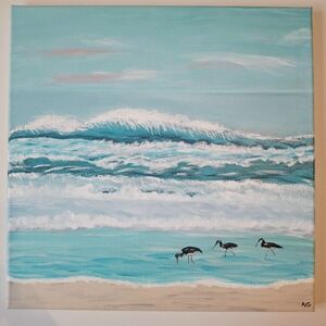 Ocean Life Seaside Serenity Canvas Art in Blue and White birds on beach